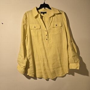Women's Jones NY Yellow Linen Button-Up Blouse.